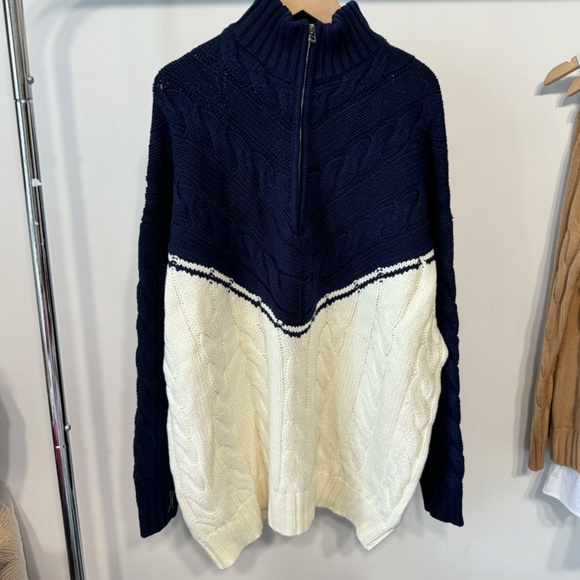 STAUD Hampton Half Zip Cable Knit Long Sweater Knit - Navy/Ivory Casual Two Tone - Picture 6 of 10